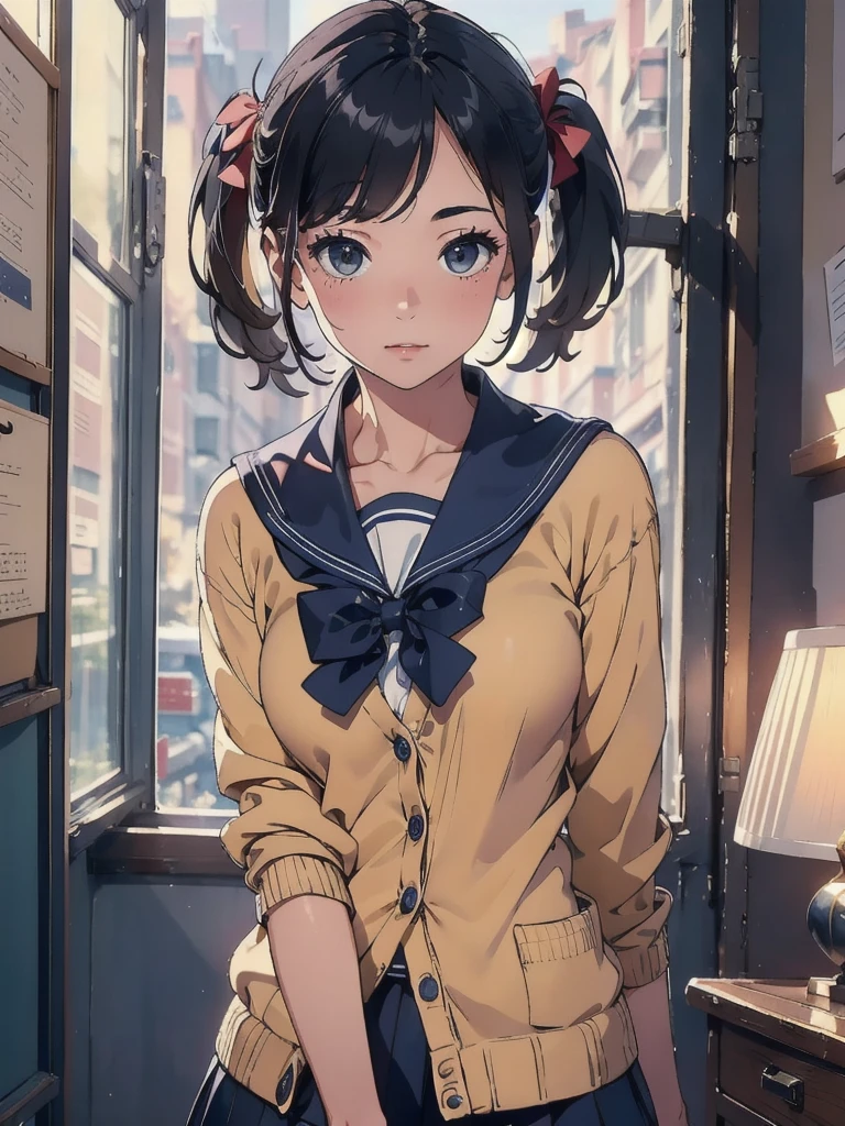 (8k, RAW Photos, Highest quality, masterpiece: 1.2), (Realistic: 1.3)、(solo:1.2)、She is wearing a sailor uniform and a cardigan.、Navy blue FW, Black hair pigtails