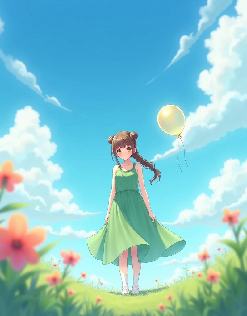 1girl, solo, dress, braid, balloon, socks, double bun, brown hair, hair bun, cloud, see-through, shoes, standing, full body, outdoors, sky, day, long hair, looking at viewer, white socks, flower, arms at sides, blurry, green dress, lips, single braid, blue sky, realistic, bangs,cinematicstunning contrasts and shadow,introspection,8k,Photography,super detailed,hyper realistic,masterpiece,Depth of field,bright color,Super lightsensation,caustic,