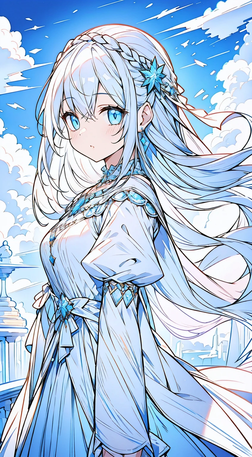 a girl with white long hair, beautiful sky blue eyes, wearing an ice jewellery, wearing a beautiful sky blue and white dress