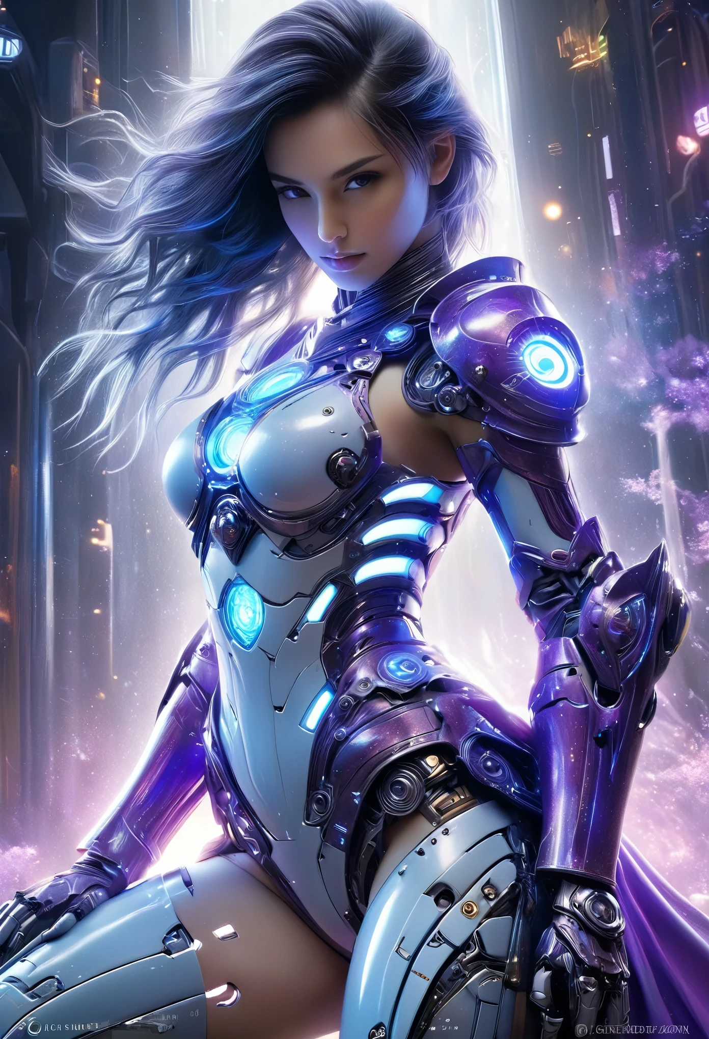 (Best Quality, 4K, 8K, High Resolution, Masterpiece: 1.2), (Super Detailed, Realistic, Photorealistic:1.37), A woman in futuristic clothing, (erotic and sexy:1.4), Trending on cgstation, Trending on cgstation, (Portrait of a girl in the Knights of the Zodiac:1.4), (blunt bangs:1.7), Cute Cyborg Girl, Perfect android girl, Portrait Astronaut Girl, Beautiful girl cyborg, Girl wearing iridescent sky blue and purple and white mechanical cyber armor, Game CG, cgsociety and fenghua zhong, Beautiful Cyborg Shrine Maiden, Bioluminescence, (Gal Gadot:0.6), Anatomically correct grip, Anatomically correct four fingers and one thumb, (long claws:1.4), erotic and sexy, A gorgeous cape with beautifully detailed embroidery, energy ball