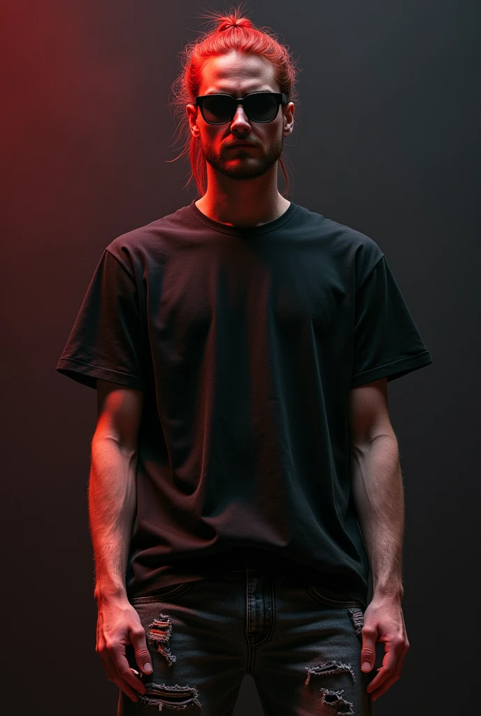1 guy. Red hair tied in a small ponytail. black eyes. black T-shirt. Black retro sunglasses. ripped jeans. On the stage.