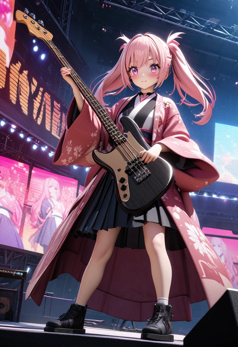 masterpiece, best quality, very detailed, high resolution, expensive resolution, high resolution, 4K, 8k, Unity 8k wallpaper, highly detailed CG, masterpiece, 2D, 3D, beautiful details, depth, fine texture, best quality: 1.3, perfect focus, crispy skin, he, Very cute anime girl, girl playing baseguitar vocals in a band wearing a Japanese fancy floral haori hakama, on outdoor stage, full body, expensive pink twin tail hair, mole under eye, looking at the viewer, expensive, blush, mole, lips open, , heart choker, pink eyes, guitar vocals, stage,Full body of an anime girl with pink twin-tailed hair wearing a Japanese kimono and playing a bass guitar on stage at a cyberpunk festival