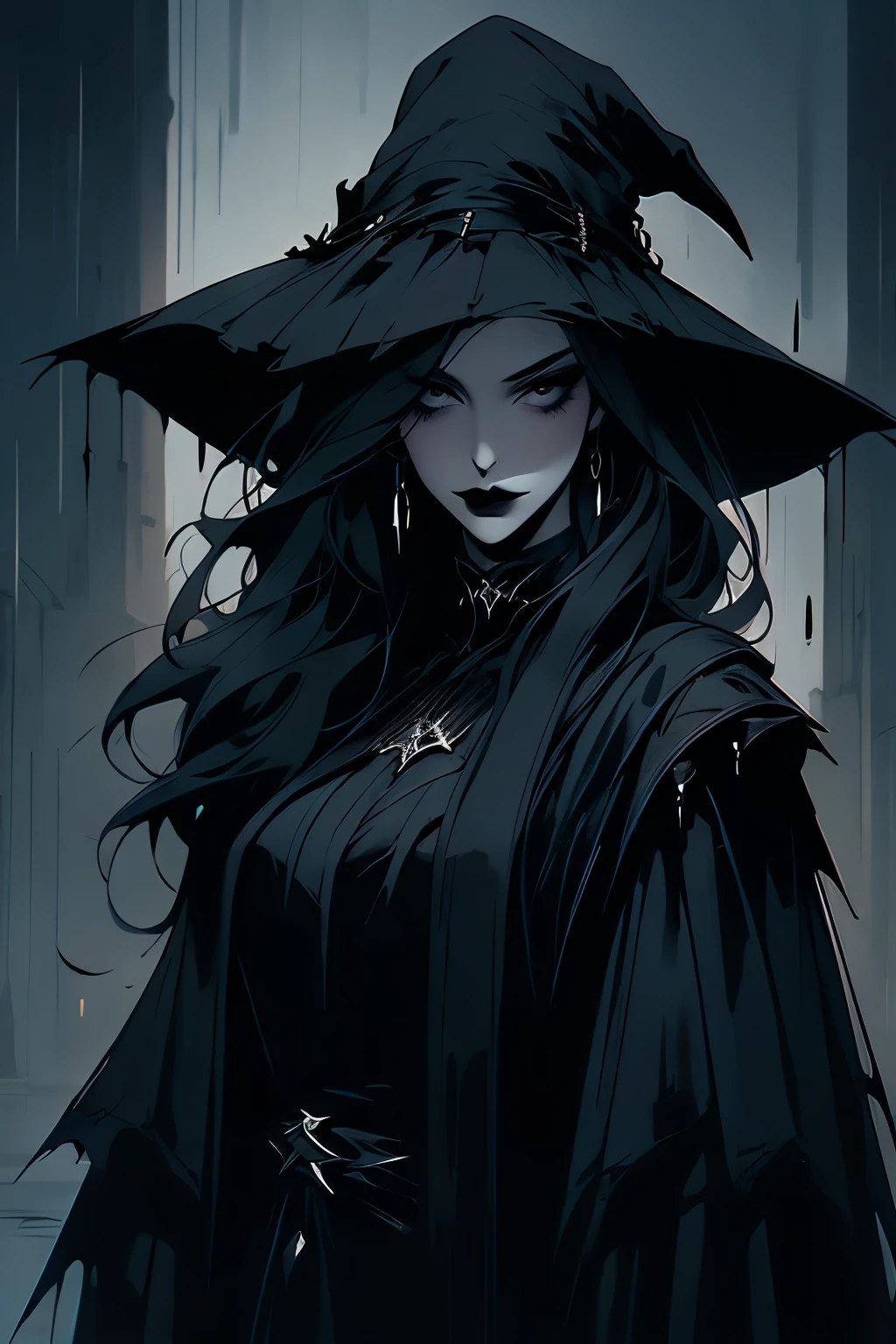 An attractive woman with pale skin and silver eyes., black lipstick, She has jet-black, torn hair., wear a thin robe, cloak-like, in a dark field with a castle behind his back, and next to her at night in the rain a raven flies. dark fantasy art, Gothic, with a raven on his shoulder, Witch's Hat