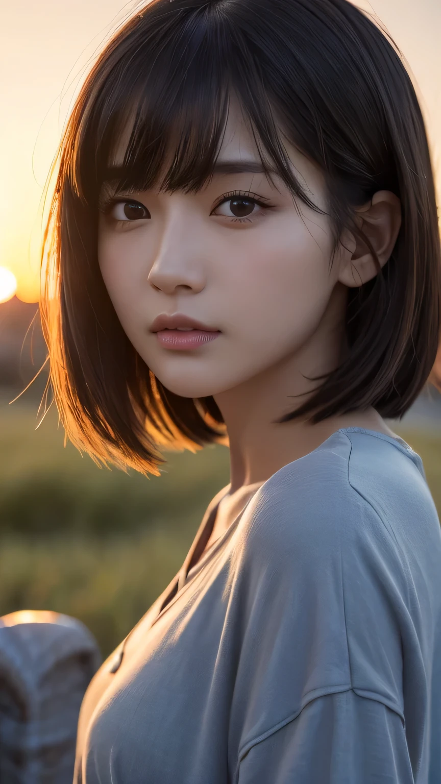 (Ultra-realistic), (figure), (High resolution), (8k), (Very detailed), (Best figure), (Beautiful and detailed), (Highest quality), (Super detailed), (masterpiece), (wallpaper), (Detailed face), alone, One Girl, watching viewer, Trendy clothes,Less exposure、Fine details, Detailed face, In the Dark, Deep Shadow, Modest, Pure Erotic Face Ace_v1, cool, short hair, Pointed diagonal bangs,grassland、Sunset、dusk