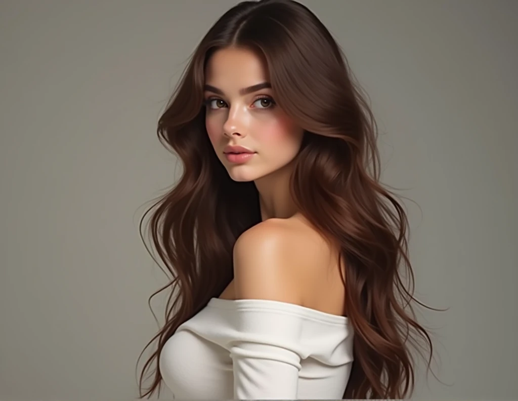 hot young girl with big ass, big boobs, Brown hair, Long hair, does not wear a bra, you can see nipples, through shirt, off shoulders, White top