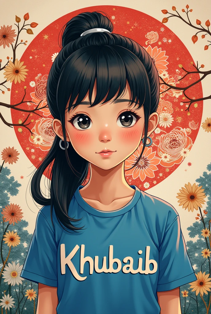 A beautiful heart in japanese hand and girl wearing a blue tea shirt named "Khubaib" 4k ultra 
