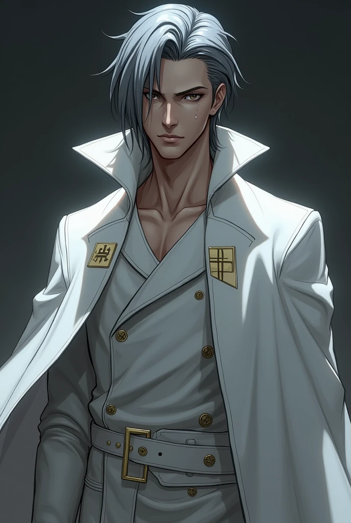 Slightly dark skinned male, has a lean and muscular build, looks to be approximately 23 years old, with shoulders length slick back dark silver hair, and grey eyes, with a neurral expression, with one singular facemark on the left side of his face which looks akin to a tear streaming down from his eye down to his chin, he wears a white, double-breasted trench coat underneath a long white cape. The coat is fastened by three buttons emblazoned with the Quincy Zeichen on either side and a white belt with a gold buckle around the waist. Its shoulders are clasped to its neck, and the inside of the collar features a rectangular sigil on either side.