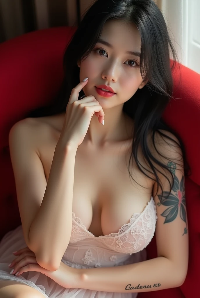 Chinese girl, white skin, shaggy breasts, big breast, 23 years old, shy smile, thick body, sexy body, curvy waist, sunny morning, milky white skin, a butterfly tattoo on the shoulder back, a big flower tattoo on the thigh, there is a tatoo says "Thasya" on the lower arm, sexy gown, lying prone, lying face down, on the red sofa, spread the legs, nakeness, full body, beautiful nail arts, thin pubic hair, wide open her legs, black hair, straight hair, sexy toe, camera from side, full body from toe to head, full body on frame
