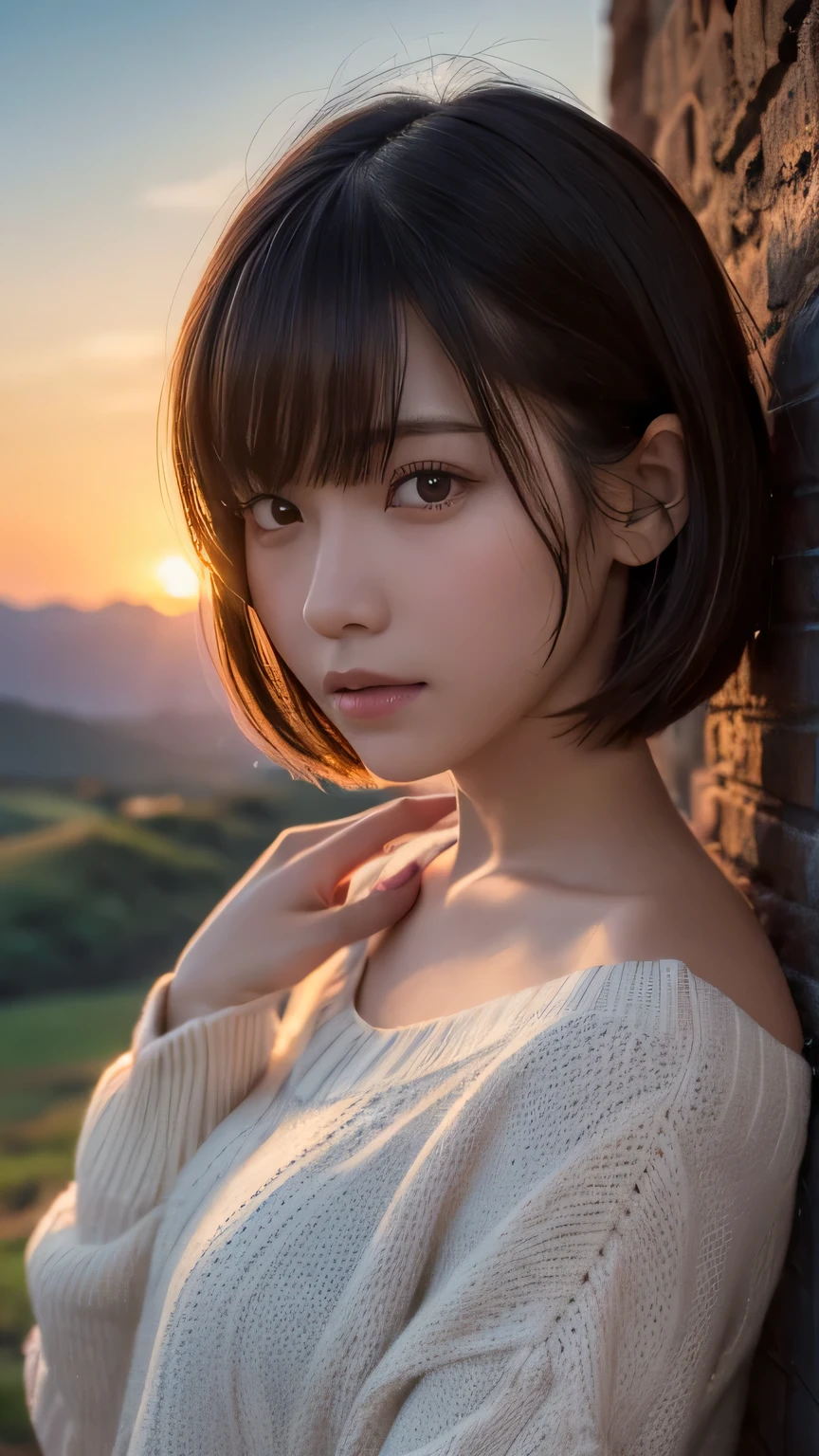 (Ultra-realistic), (figure), (High resolution), (8k), (Very detailed), (Best figure), (Beautiful and detailed), (Highest quality), (Super detailed), (masterpiece), (wallpaper), (Detailed face), alone, One Girl, watching viewer, Trendy clothes,Less exposure、Fine details, Detailed face, In the Dark, Deep Shadow, Modest, Pure Erotic Face Ace_v1, cool, short hair, Pointed diagonal bangs,grassland、Sunset、dusk、Mountain、Spectacular views