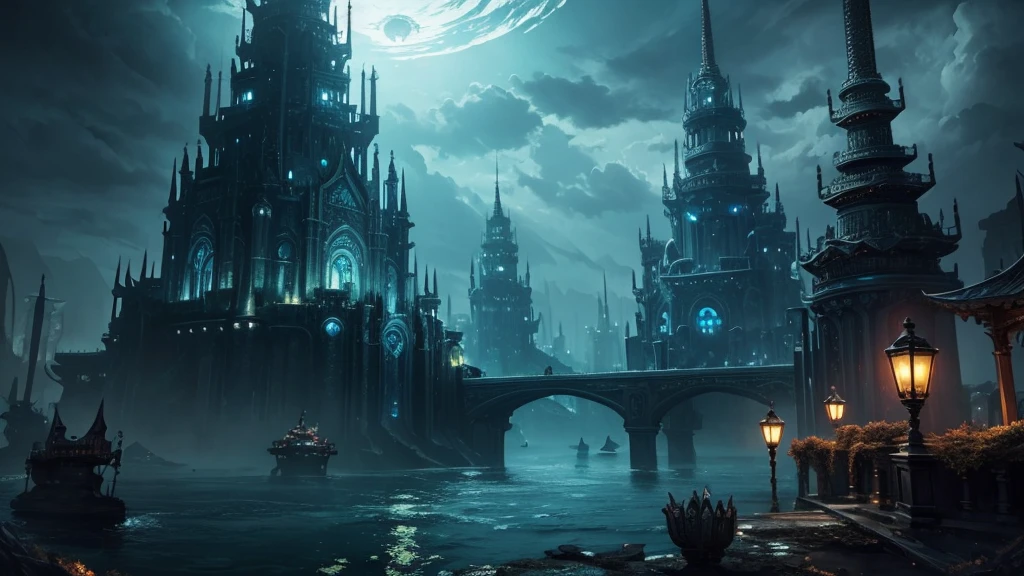 ((masterpiece)),((Highest quality)),((High Detail)),nobody,background, fantasy, darkness, Submerged City, deep sea, seabed