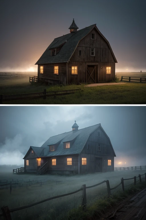 best quality, high quality, ultra quality, 8k, masterpiece, detailed, extremely detailed, insanely detailed, ultra detailed, ultra highres ,exquisite,
lifelike Images,cinematic experience,UHD picture,Realistic,photorealistic,hyperrealistic,vivid,RAW photo,shot by DSLR, creepy farm, abandoned farm with tractor, In a foggy night, barn surrounded by fog, fog, nighttime, (white fog:1.2), scary, mysterious fog, foggy scenery.