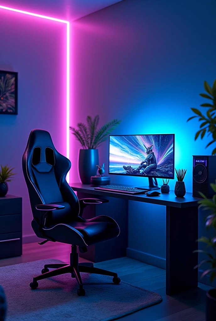 a vibrant cyberpunk gaming bedroom, a gaming chair and a PC on gaming table on the left, adorned with captivating blue-purple neon lights , bring a futuristic atmosphere to life - ar 2048 x 1152 pixels