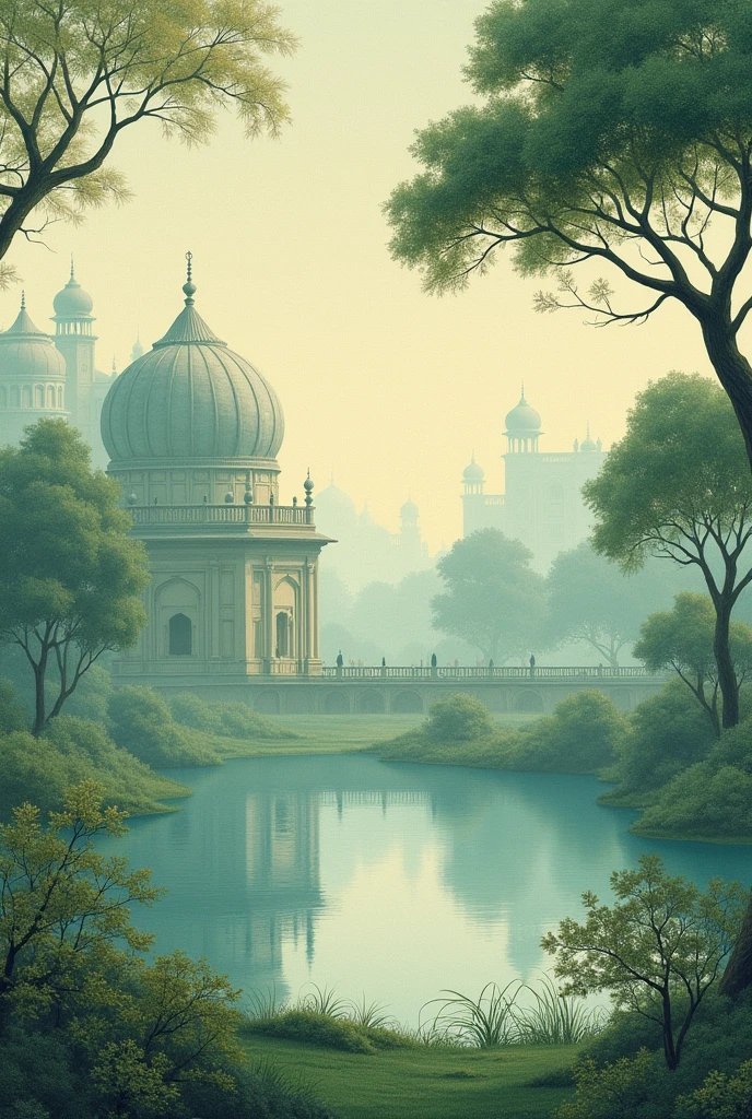 mughal miniature art style desaturated painting greens and blues. 