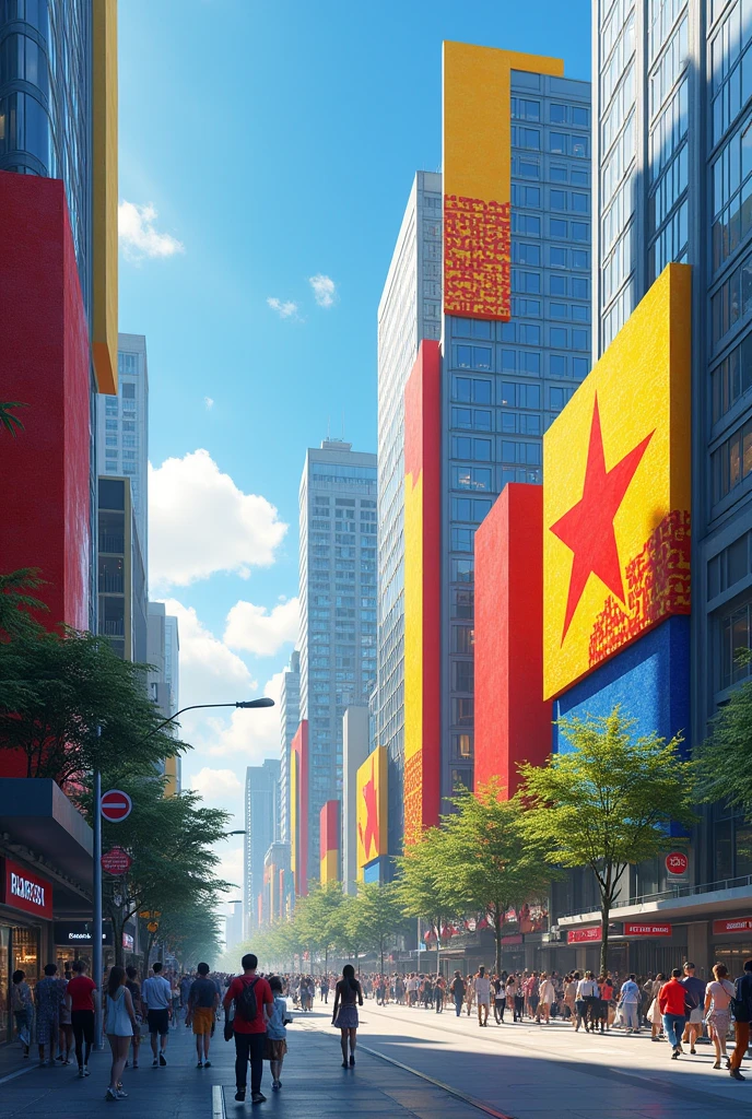 A modern urban city. Some buildings in the city have the roof or wall that was painted Vietnamese national flag.