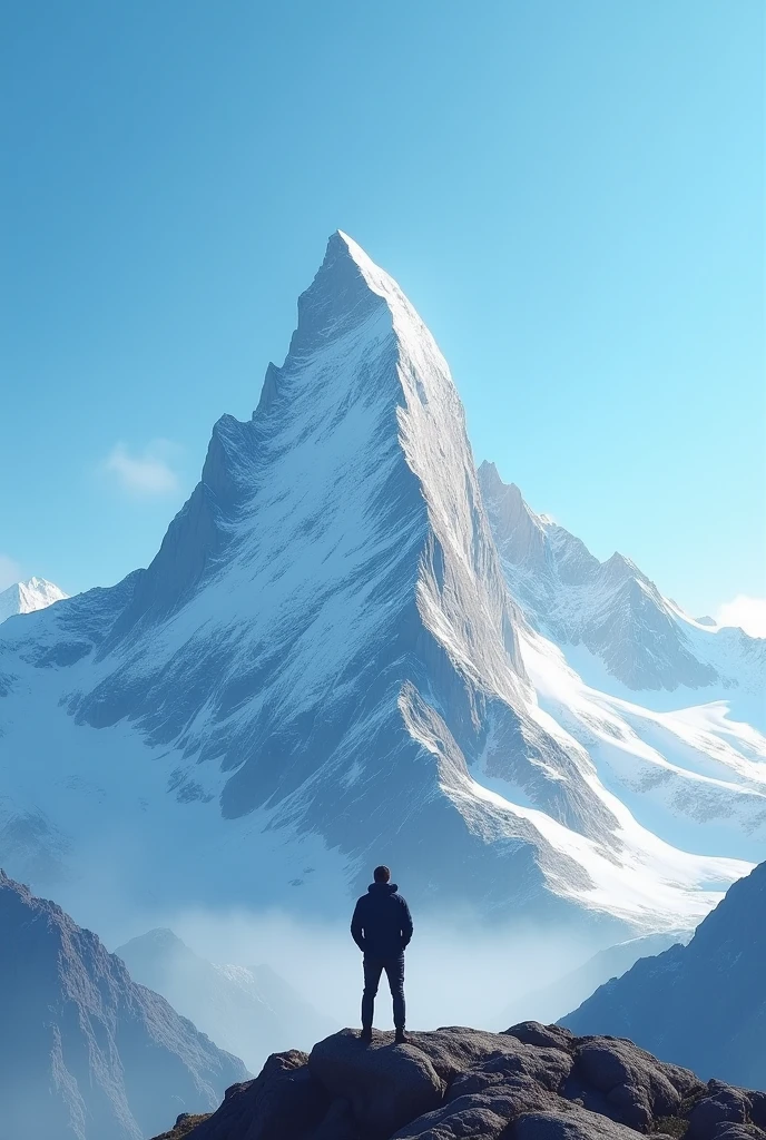 Man standing at the base of a tall, snow-capped mountain, looking up with awe and determination, clear blue sky