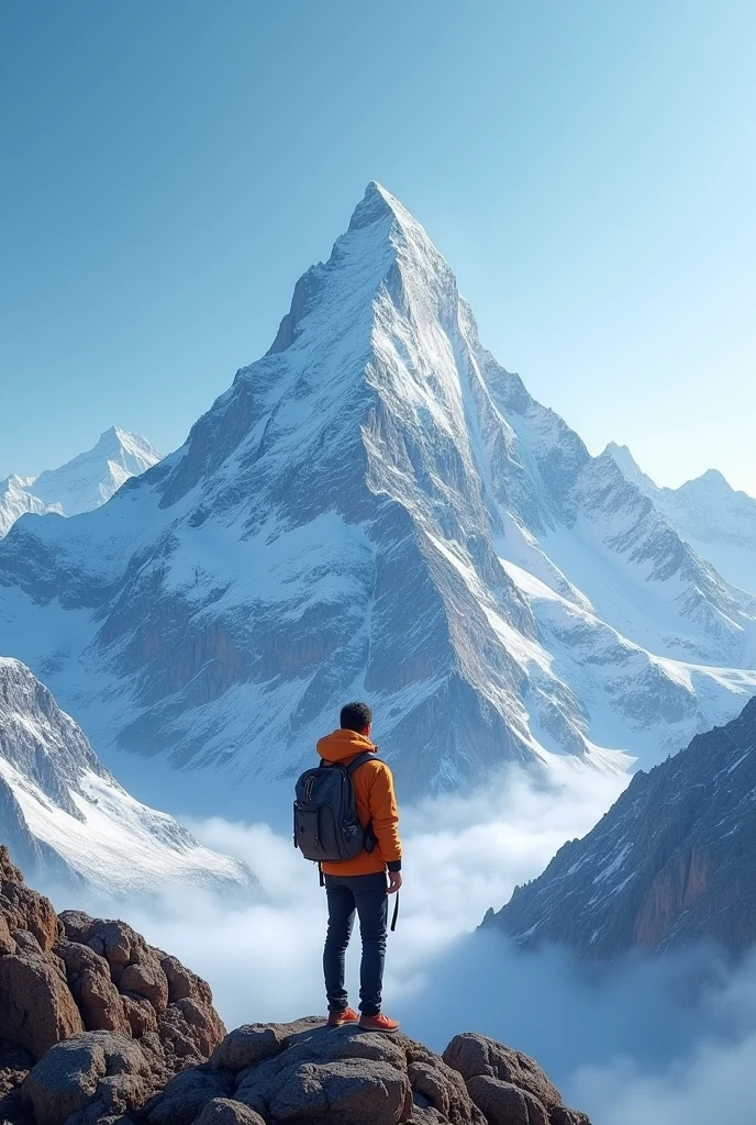 Man standing at the base of a tall, snow-capped mountain, looking up with awe and determination, clear blue sky