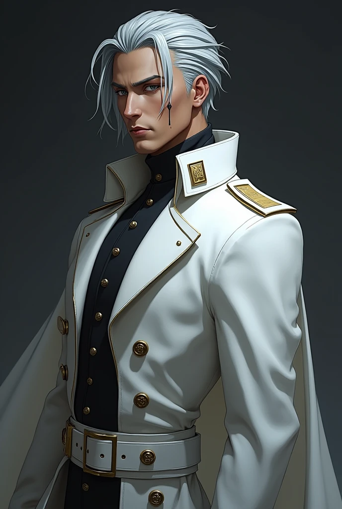 Slightly dark skinned male, has a lean and muscular build, looks to be approximately 23 years old, with shoulders length slick back dark silver hair, and grey eyes, with a neurral expression, with one singular facemark on the left side of his face which looks akin to a tear streaming down from his eye down to his chin, he wears a white, double-breasted trench coat underneath a long white cape. The coat is fastened by three buttons emblazoned with the Quincy Zeichen on either side and a white belt with a gold buckle around the waist. Its shoulders are clasped to its neck, and the inside of the collar features a rectangular sigil on either side.