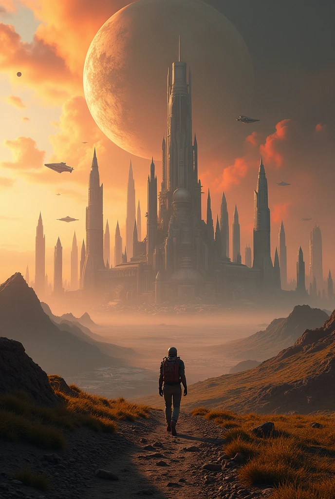 The image presents a breathtaking and intense sci-fi scene set in a distant, alien world, rendered in stunning 4K cinematic quality. The landscape is a stark, rocky terrain covered with patches of yellowish-green vegetation, stretching out into a vast, otherworldly expanse. In the foreground, a solitary figure, clad in futuristic gear, walks down a rugged path, heading towards an immense, futuristic cityscape that looms on the horizon. The city is composed of towering skyscrapers, many of which pierce the sky with their sharp, spire-like structures. These buildings are a mix of sleek, modern designs with domed roofs and spiked towers, evoking a sense of advanced, alien architecture. The city is bathed in the glow of a fiery, apocalyptic sky where dark, billowing clouds clash with intense orange and red hues, suggesting a cataclysmic event or a world on the brink of destruction. Above, the sky is dominated by a massive planet, its curvature filling the upper portion of the scene. This colossal planet, with its detailed, cloud-covered surface, hints at the scale and grandeur of the universe. In the distance, several large spacecraft hover above the city, their sleek, metallic forms illuminated by the burning light from the sky. Smaller ships dart between the towering structures, adding a sense of movement and urgency to the scene. The perspective of the image draws the viewer's eye from the lone traveler in the foreground to the towering city beyond, emphasizing the enormity of both the city and the planet above. The entire scene is shrouded in an atmosphere of tension and foreboding, as the dark, smoke-like clouds roll across the landscape, partially obscuring the base of the city in a swirling mist. In the background, more colossal buildings rise from the ground, connected by bridges and walkways that traverse the sky, suggesting a highly developed and interconnected civilization. The light from the fiery sky reflects off the metallic surfaces of the city and spacec