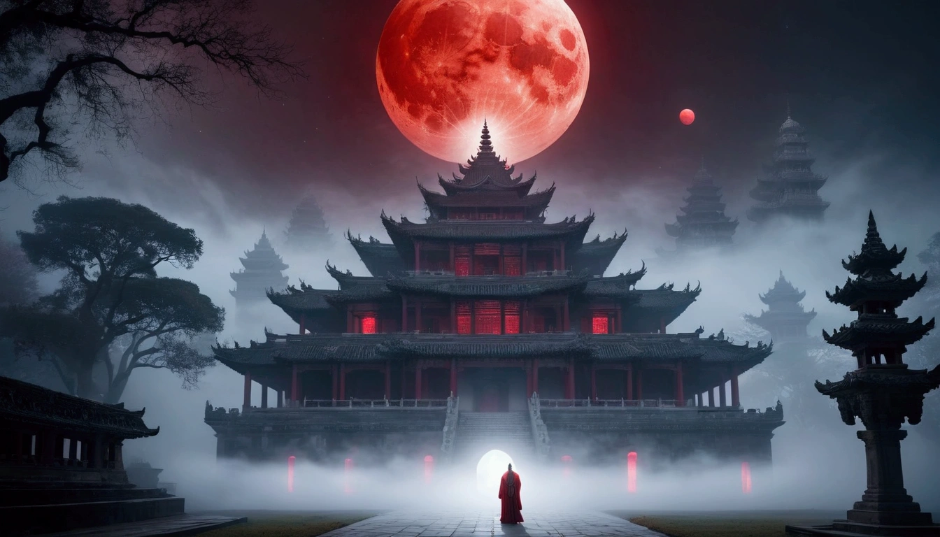 Mysterious Fog, light particles, old palace, deity,  red moon, white out, 