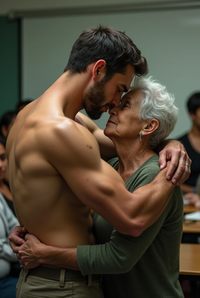 A handsome young man with a six-pack abs, naked, hugging a grandmother in the classroom, surrounded by people.