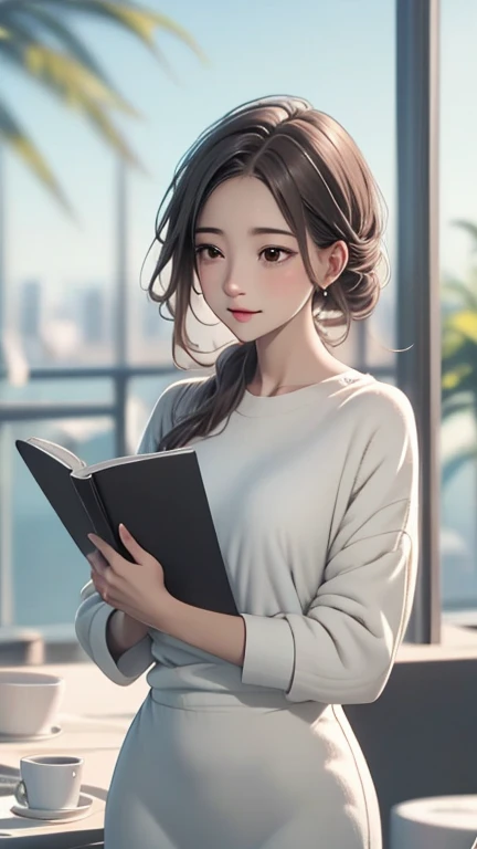 Light Color Palettes,medium front shot, digital art painting . dreaming fresh art style,a single alone female office lady, charming relaxing . reading book look at camera freshly green trees leaves swaying morning sunlight hyper ligting insane details background blurry focus on characte