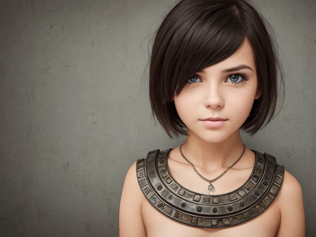 Girl with a short bob and metal plates embedded in her eyes.