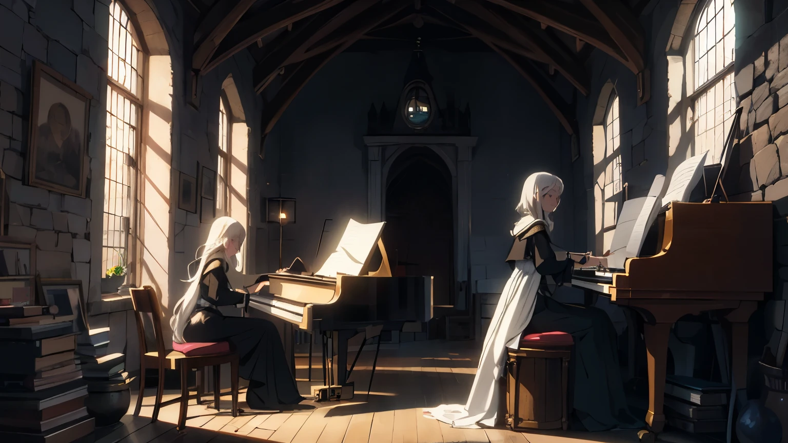 elf girl with white hair, wearing medieval dress, playing piano in gloomy light inside medieval room.
