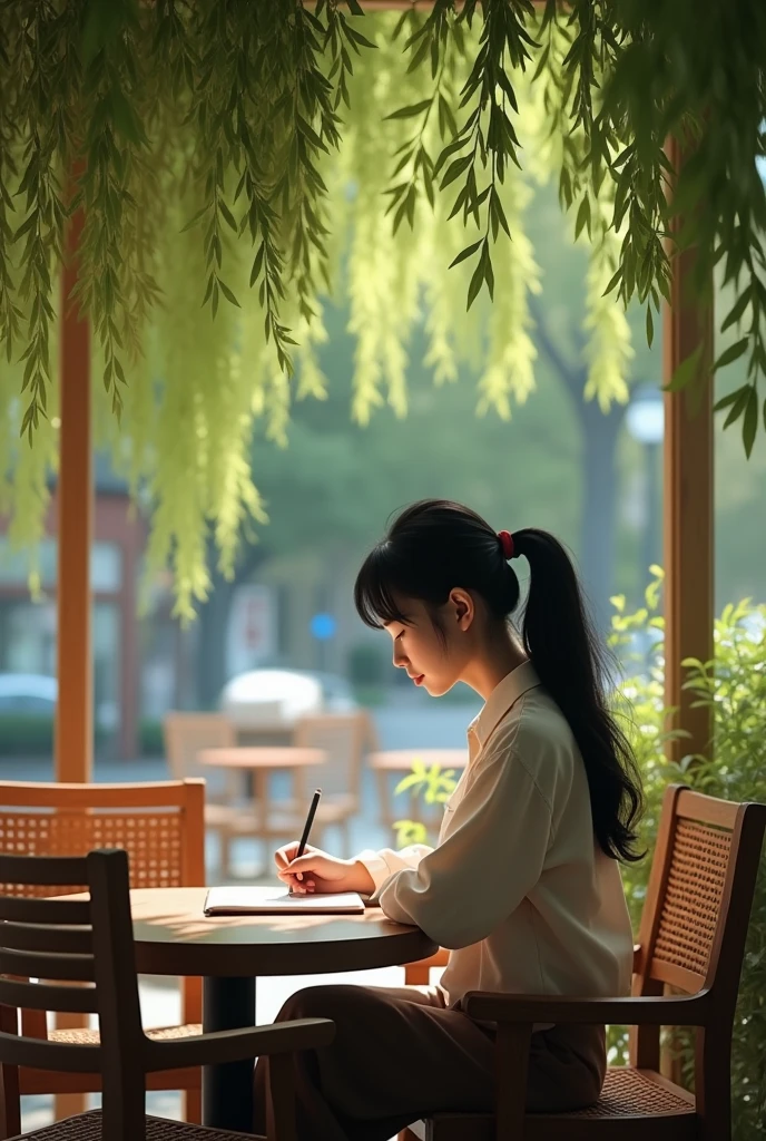 A shot of a coffee shop, a table and chairs, under a willow tree, a delicate girl, black ponytail, writing a notebook, Fujifilm XT3 sharp focus, professional lighting, vivid colors, intricate details, grain Film, realistic painting art Fujifilm XT3, f5.6, landscape, (Best quality, 4k, 8k 16k, highest, masterpiece: 1.2)، (Realistic, real photography, real photo: 1.37)، (Very detailed CG unit, 16k wallpaper), using the most advanced deep learning models and adjusting parameters based on quality criteria such as structural similarity (YES) and perceptual loss to create an image unrecognizable from a real, high-quality photo, making sure that the scene looks and the young woman is harmoniously integrated into the environment, (Fine tuning)، ( Be creative)، (Ultra-high quality, ultra-realistic, high-detail, high-quality image, sharp focus, professional lighting, vivid colors and intricate details.)Real style