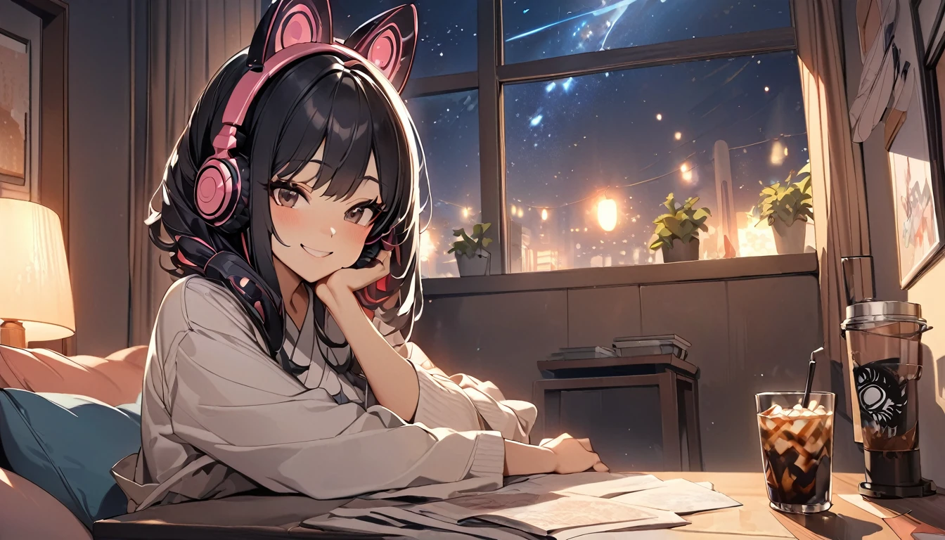 ((Masterpiece, high resolution, highest quality, highest quality real texture skin)), (((Cute room))), (((Japanese style headphones))), (((iced coffee))), (((Smiling and listening to music))), ((1 girl)), (Black hair, messy hair, beige skin), (digital painting), (((Warm lighting))), (((Night sky from large windows)))