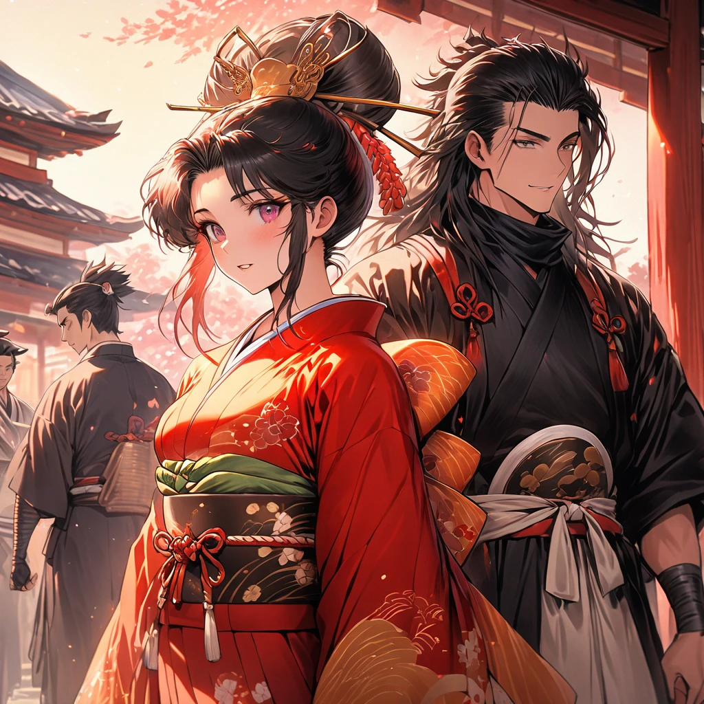 Very 8k,HD,Masterpieces With very rich brilliant vivid lush colors Beautifully drawn, high quality, ultra-detailedv Date Masamune as a young Oiran 1700S Japan with young very Handsome very Japanese male Ninja Samurai , her siderealistic depiction of a classic ancient traditional Japanese setting"