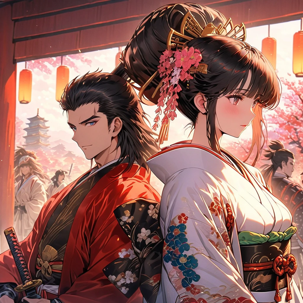 Very 8k,HD,Masterpieces With very rich brilliant vivid lush colors Beautifully drawn, high quality, ultra-detailedv Date Masamune as a young Oiran 1700S Japan with young very Handsome very Japanese male Ninja Samurai , her siderealistic depiction of a classic ancient traditional Japanese setting"