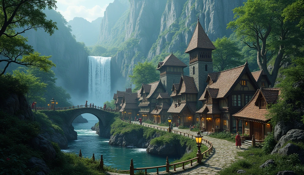 there is a painting of a town with a waterfall in the background, medeival fantasy town, village in the woods, fantasy town setting, magical village, fantasy town, a bustling magical town, quaint village, fairy tale place, epic rivendell fantasy, villages , unreal engine, fantasy matte painting,cute, medieval village, magical environment, dim light, night time
