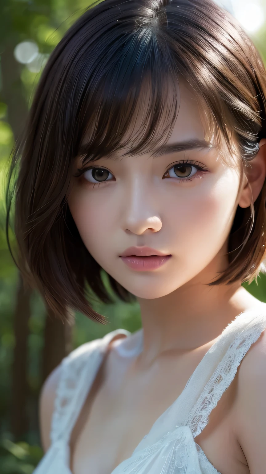 (Ultra-realistic), (figure), (High resolution), (8k), (Very detailed), (Best figure), (Beautiful and detailed), (Highest quality), (Super detailed), (masterpiece), (wallpaper), (Detailed face), alone, One Girl, watching viewer, Trendy clothes,Less exposure、Fine details, Detailed face, In the Dark, Deep Shadow, Modest, Pure Erotic Face Ace_v1, cool, short hair, Pointed diagonal bangs,In a beautiful forest、Fairy