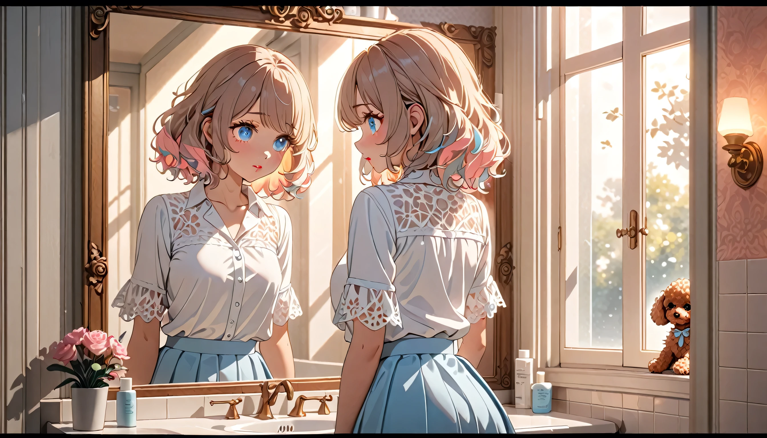 A girl looking into a mirror in the washroom,(a toy poodle at her feet:1.2), a girl with white blouse and light blue skirt, extremely detailed, high quality, intricate details, warm soft lighting, beautiful detailed eyes, beautiful detailed lips, cinematic composition, animetic, 8k, masterpiece, digital art, natural lighting, soft pastel colors, delicate, graceful, serene, peaceful