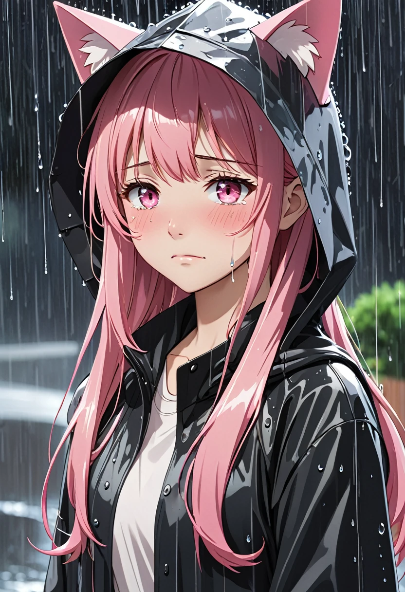 a female anime character in rain coat with pink hair and cat ears under hat, 1girl, solo, rain, pink hair, crying, tears, pink eyes, black sweater, long hair, crying with eyes open, bangs, closed mouth