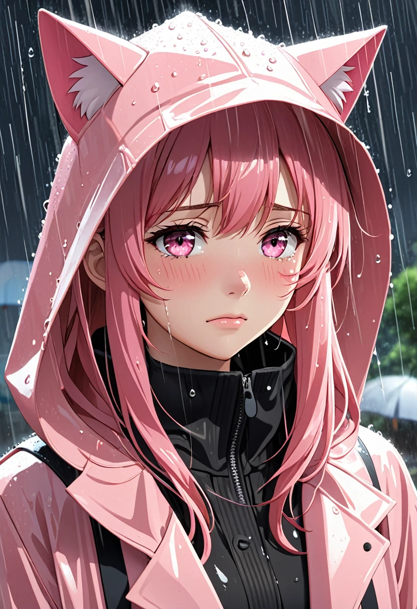 a female anime character in rain coat with pink hair and cat ears under hat, 1girl, solo, rain, pink hair, crying, tears, pink eyes, black sweater, long hair, crying with eyes open, bangs, closed mouth
