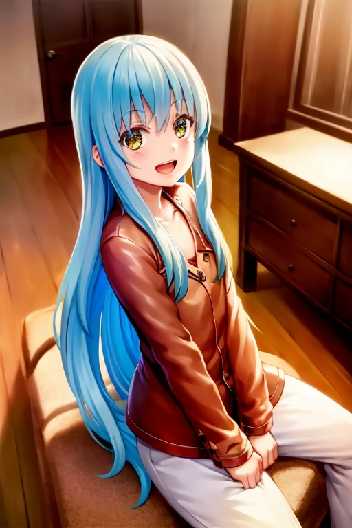 ((Highest quality)), ((masterpiece)), (be familiar with), Perfect Face, indoor, Bedroom, Watching the audience,
One woman, Rimuru=Tempest,
Open Mouth, Ecstatic expression, blush, smile,
Small breasts, Flat Chest, , , child, Girl,
Long Hair, Long Hair,