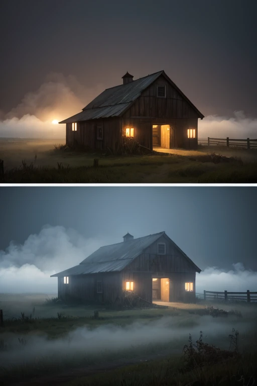 best quality, high quality, ultra quality, 8k, masterpiece, detailed, extremely detailed, insanely detailed, ultra detailed, ultra highres ,exquisite,
lifelike Images,cinematic experience,UHD picture,Realistic,photorealistic,hyperrealistic,vivid,RAW photo,shot by DSLR, creepy farm, abandoned farm with barm, In a foggy night, barn surrounded by fog, fog, nighttime, (white fog:1.2), scary, mysterious fog, foggy scenery.
