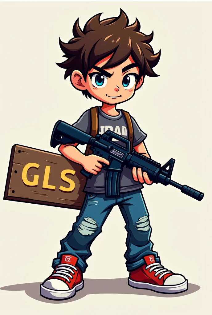 Create a mascot logo where the mascot is a gamer boy carrying an assault rifle and a sign below with the letters gls