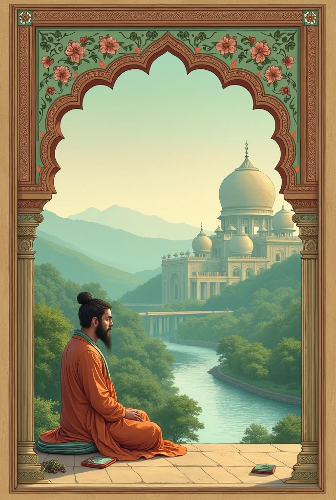 mughal miniature painting art style desaturated greens and blues.
