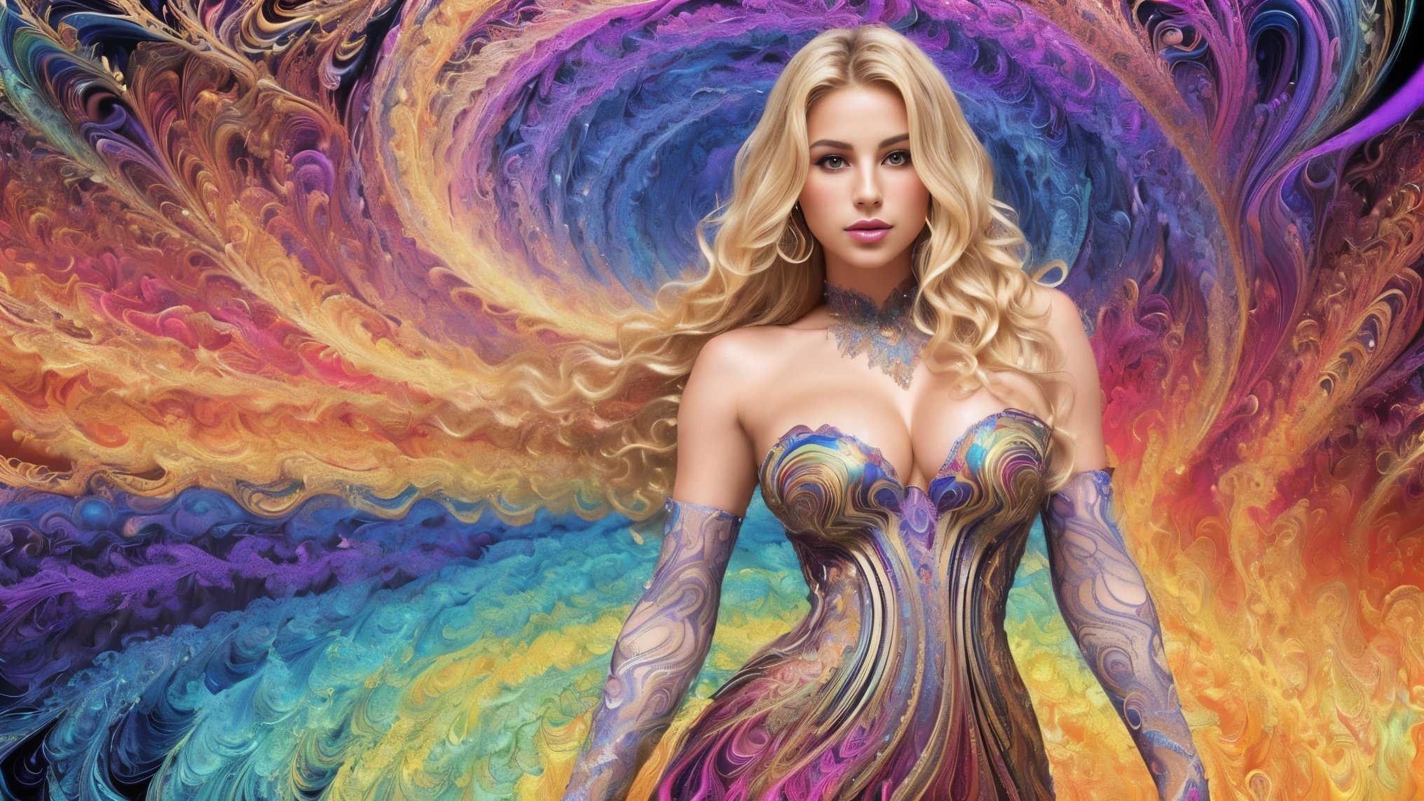 (full body)(masterpiece, top quality, best quality, official art, beautiful and aesthetic:1.2), (1 ultra gorgeous European woman, she’s a playmate, men magazine model, blonde wavy hair:1.3), extremely detailed,(fractal art:1.2),colorful,highest detailed,(zentangle:1.2), (dynamic pose), (abstract background:1.5), (dress:1.2), (many colors:1.4), upper body