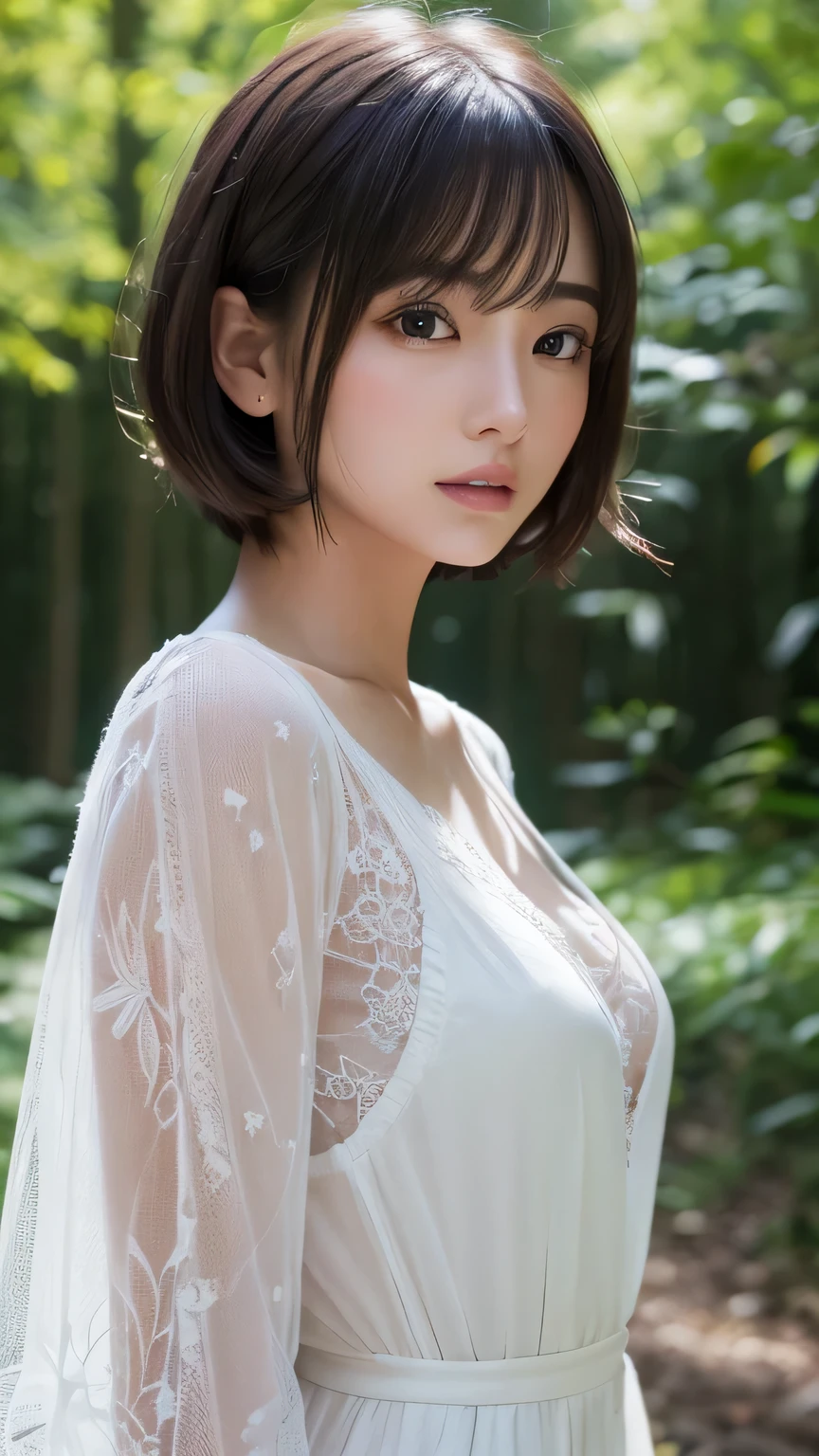 (Ultra-realistic), (figure), (High resolution), (8k), (Very detailed), (Best figure), (Beautiful and detailed), (Highest quality), (Super detailed), (masterpiece), (wallpaper), (Detailed face), alone, One Girl, watching viewer, Trendy clothes,Less exposure、Fine details, Detailed face, In the Dark, Deep Shadow, Modest, Pure Erotic Face Ace_v1, cool, short hair, Pointed diagonal bangs,In a beautiful forest、Fairy、Angel