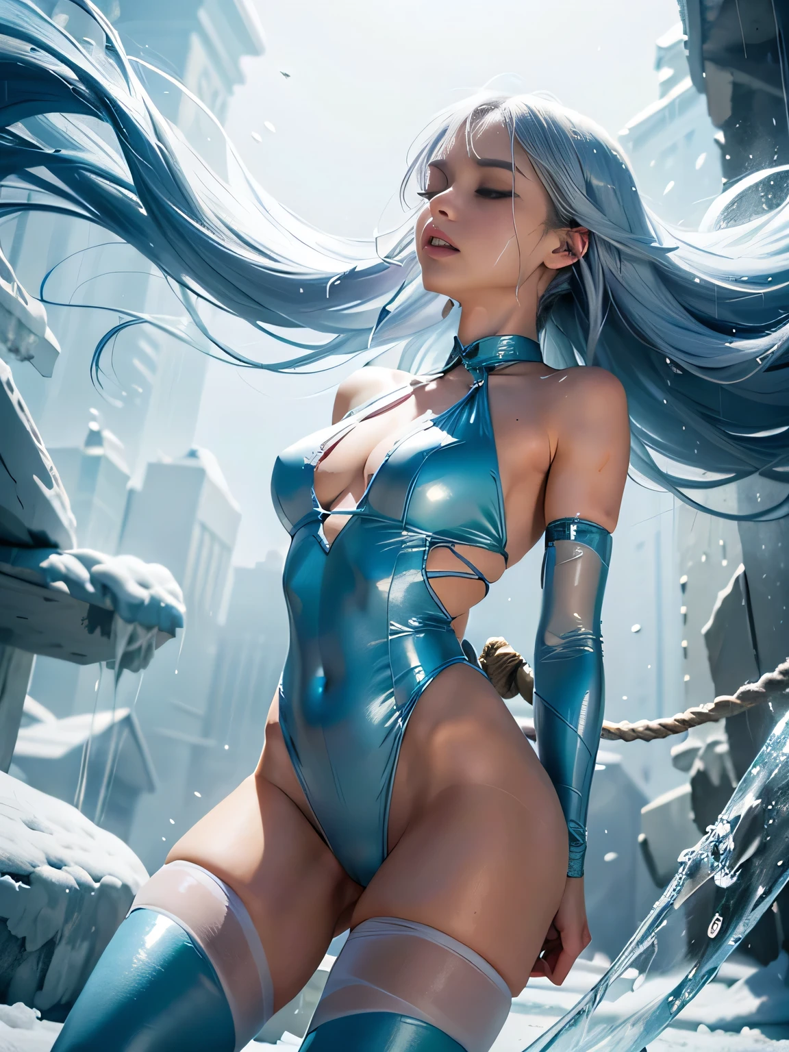 superheroine, long long gorgeous light blue hair, ((rough rope wrapped around body, tighten up)), latex, leotard, skyblue and white costume, captured, shibari, static restrained, ((arms behind back)), chained, rope bind,collared, cruelly, painful, helpless, humiliating, regrettable, being whipped, ((screaming in pain)), running away, lean back, body lying down, body fall down, floating in air, enveloped cold storm, white cold air, (in frying many ice bullets), trapped in ice, (she is frozen in ice), ice cube is covering her, body frozen, limbs frozen, hair frozen, all over frozen, intense blizzard space distorted, eyes closed, gritting teeth, suffering, (lying face up), lifting feet off the ground, being blow through the air, ((ice rain hiting her hard)), seen many ice explosion, explosion hitting her, full body shot, in land of ice