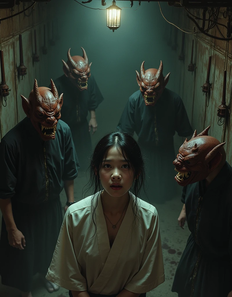 Land of Rakshasa、Japan、Thugs wearing demon masks attack the girl inside the mansion、On the futon、Kimono-like bedding、(A thin, pale-skinned young woman), The merciless demons、Hell on Earth、Dark Clouds、A cruel world where people are no longer people,