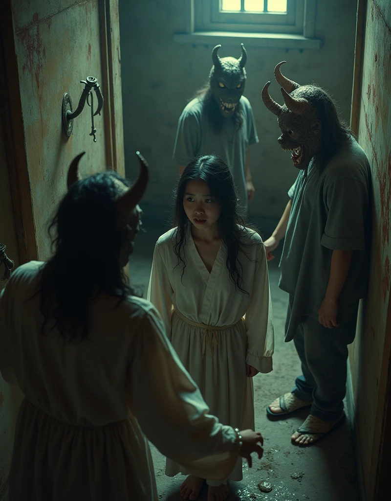 Land of Rakshasa、Japan、Thugs wearing demon masks attack the girl inside the mansion、On the futon、Kimono-like bedding、(A thin, pale-skinned young woman), The merciless demons、Hell on Earth、Dark Clouds、A cruel world where people are no longer people,
