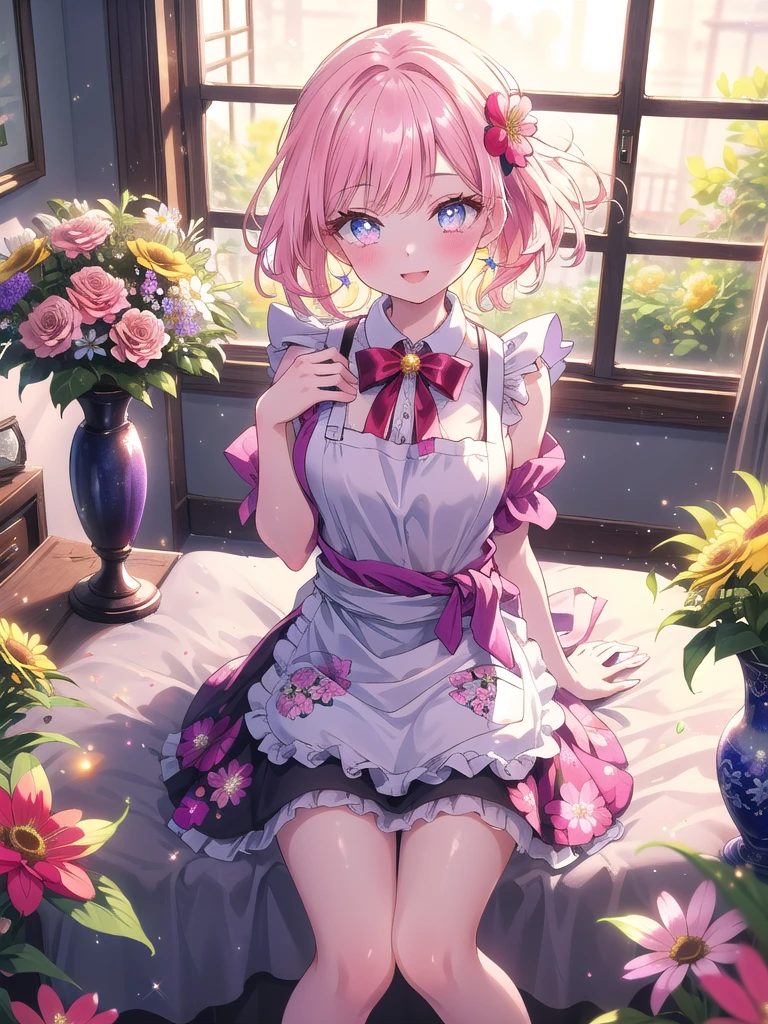 ((8k, Highest quality, masterpiece: 1.3)),Ultra-high resolution,(1 girl, alone), (Color changing eyes, Ultra-detailed, Expressive brilliance, Glitter, Glowing Eyes), Highly detailed eyes, Highly detailed face, Random Hair, ((pastel colour)),A cheerful young woman with pastel pink hair styled into loose waves, sitting on the floor of her brightly lit bedroom during a sunny morning. She is dressed in a cute yet subtly sexy flower shop assistant cosplay, wearing a simple sundress with a floral print and an apron tied around her waist. The camera captures her from a slightly elevated angle as she smiles warmly while arranging a bouquet of flowers, her expression full of care and creativity. The room is bathed in natural sunlight, with vases of fresh flowers on a nearby table, a few gardening tools scattered around, and a fragrant, blooming atmosphere, (nsfw:1.3)