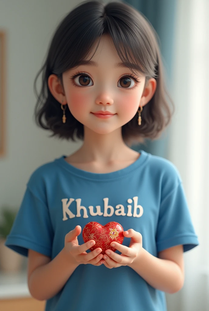 A beautiful heart in japanese hand and girl wearing a blue tea shirt named "Khubaib" 8k ultra
its a realistic girl not emoji