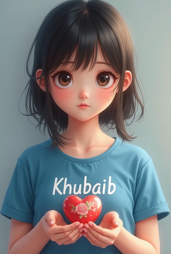 A beautiful heart in japanese hand and girl wearing a blue tea shirt named "Khubaib" 8k ultra
its a realistic girl not emoji