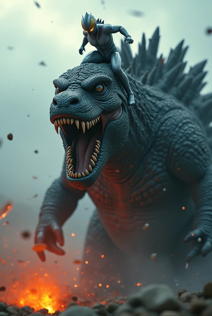 Tilt shift photography ultraman riding godzilla,godzilla mouth ripped open,brutal fight scene,cinematic lighting,highly detailed,realistic,photorealistic,extremely detailed,4k,8k,high resolution,best quality,masterpiece,ultra detailed,sharp focus,intense colors,dramatic shadows,dynamic composition,hyper realistic,cinematic angles,action poses,cinematic atmosphere