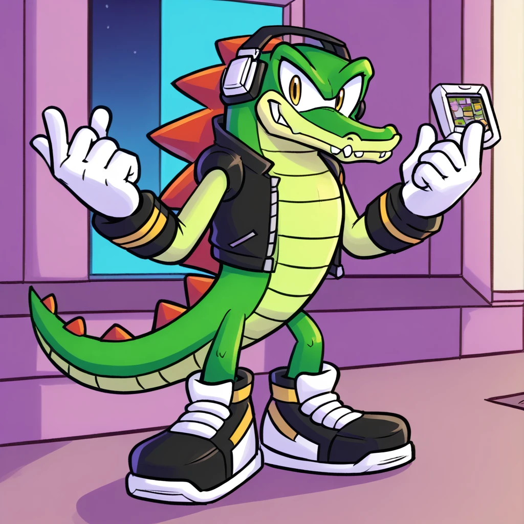Custom avatar, vector the alligator character, wearing black shorts, in the cyberspace, cgi backround, surrounded by junk,